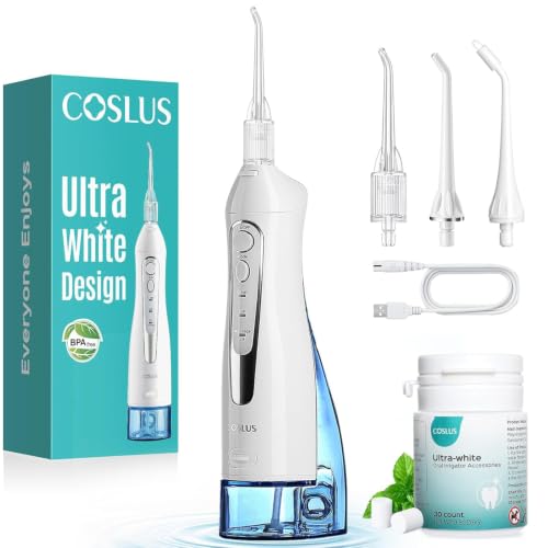 Image of COSLUS ADA Accepted Water Dental Flosser Teeth Pick C20: Portable Cordless Oral Irrigator 300ML Rechargeable Travel Irrigation Cleaner IPX7 Waterproof Electric Flossing Machine, Whitening Set White