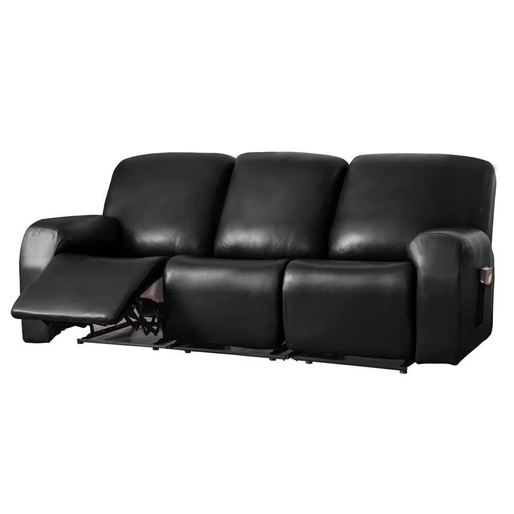 Fansu Funda de Sillón Relax 3 Plaza, Cuero PU Elasticidad para Sillón Relax Funda Reclinable con Bolsillos Laterales, 8 Piezas Extraíbles y Lavables Fundas Protector (3 Plaza,Negro)
