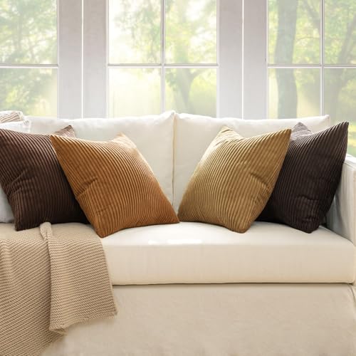 Image of MIULEE Boho Farmhouse Throw Pillow Covers 20x20 Inch Set of 4 Rustic Mordern Neutral Cushion Covers Soft Corduroy Nordic Home Decor for Couch Bed Sofa Living Room Camel Brown