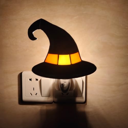 Image of CHEZBABY Stained Glass Night Light Plug into Wall Lamp Decorative Accent Nightlight for Hallway Bedroom Bathroom Kitchen Home Halloween Decor(Witch Hat Yellow)