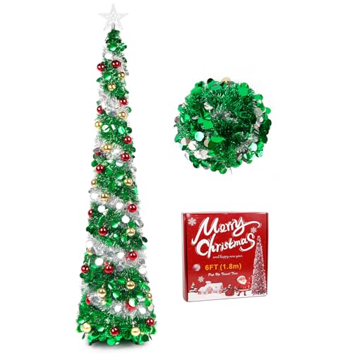クリスマスツリー ポップアップ式 180cm トップ星&飾り付き YHANEC (グリーン&シルバー)