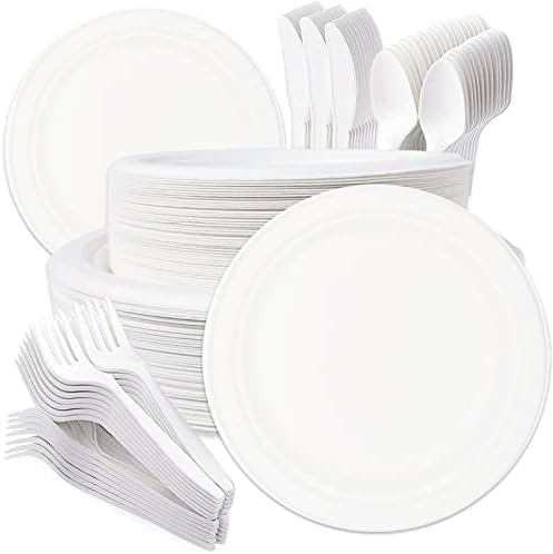 250Pcs Compostable Disposable Paper Plates Set with Large Utensils, Heavy Duty Paper Plates Biodegradable Forks Knives and Spoons, Disposable Dinnerware Set for Party Holiday Christmas Picnic Camping
