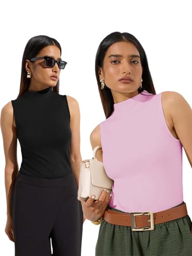 Image of KOTTY Women's Sleeveless High Neck Ribbed Tank Top Combo Pack of 2 Stylish Casual & Office Wear Tops