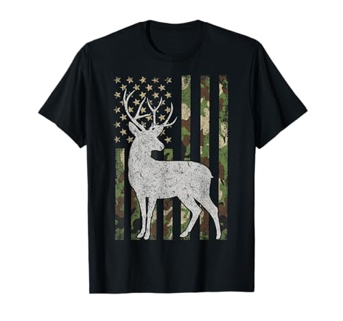 Whitetail Buck Deer Hunting Camouflage USA Flag 4th of July T-Shirt