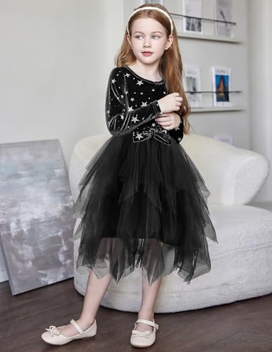 Arshiner Toddler Girls Fall Winter Velvet Dress Irregular Hem Tulle Long Sleeve Dresses Cute Bowknot Clothes3