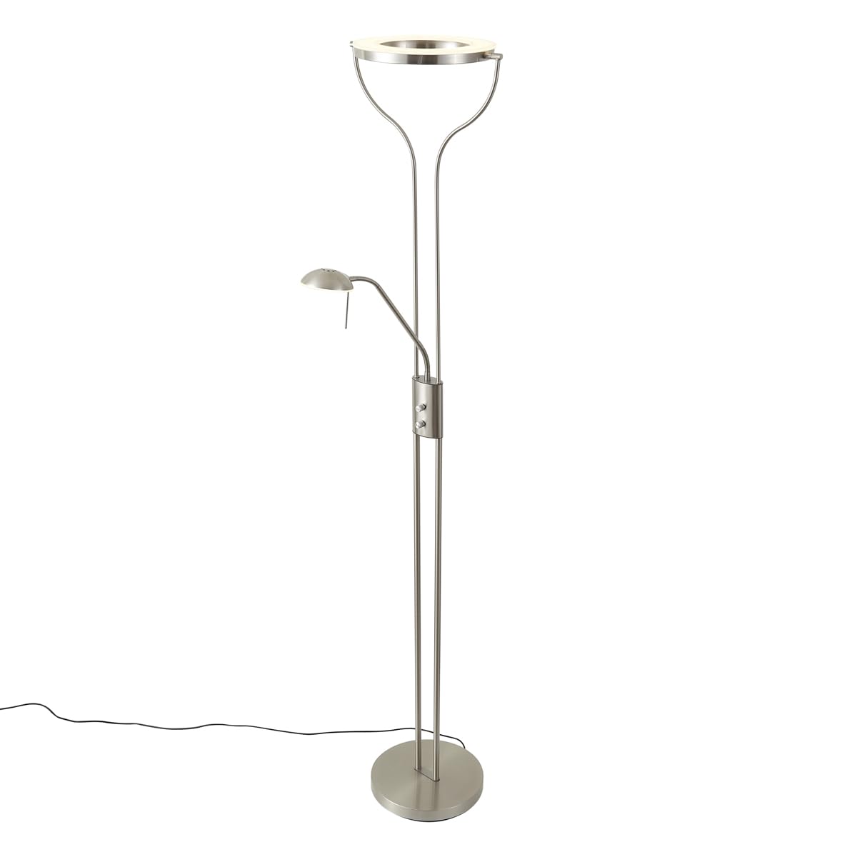 Qazqa led Modern Deckenfluter mit Lesearm, Stehleuchte, Stehlampe - Divo - Silber Farbe, inkl. 18W integrierter LED, dimmbar, 2-flammig, 195cm, Ideal als Bürolampe, Küche lampe, Schlafzimmerlampe