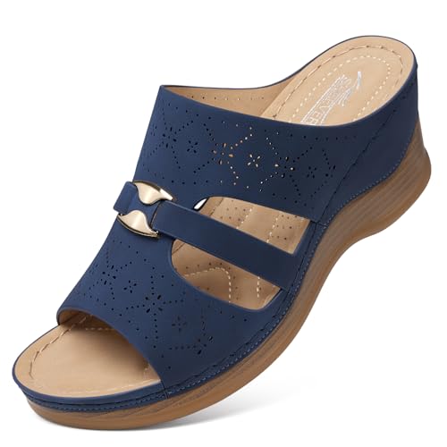 Image of SHIBEVER Wedge Sandals for Women Dressy: Comfortable Slip On Summer Sandal | Open Toe Low Heel Platform Casual Dress Slide Women's Shoes Non Slip All-Day Comfort Hollow Out Walking Work Vacation