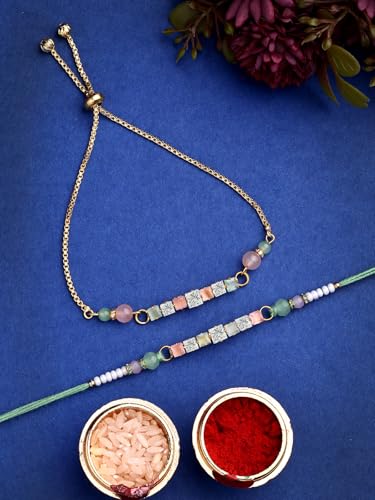 Image of Sukkhi Rakhi Most Beautiful Floral with Gold Plated Rakshabandhan Combo Lumba Rakhi for Bhiaya Bhabhi Brother with Roli Chawal & Greeting Card|Set of 2