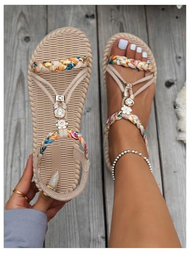 SweatyRocks Women's Braided Boho Open Toe Flat Sandals Summer Beach Sandals with Ankle Strap2