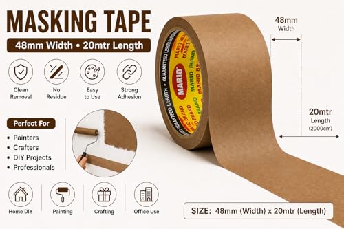 Image of Mario Brown Masking Tape - 20 Meter Length, 48mm Width - Heavy Duty Masking Tape for Industrial, Wall Painting & Protection - Pack of 1 Roll