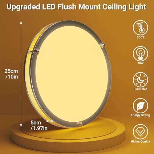 libtit 10Inch Flush Mount Ceiling Lights, 18W Dimmable LED Ceiling Light 3000K-6500K Adjustable, Brushed Nickel Light Fixture for Closet Kitchen Hallway Bathroom-2 Pack by libtit - Used condition - Image 2