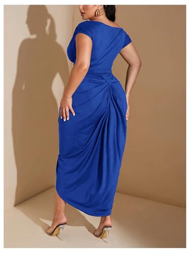 Image of Floerns Women's Plus Size Asymmetrical Neck Long Dress Ruched Slit Hem Cocktail Dress