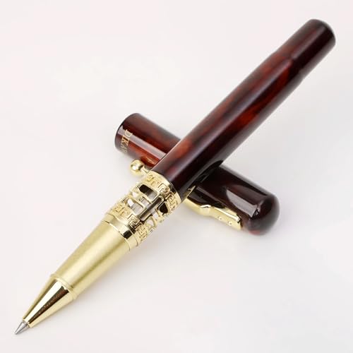 Image of 20740 Luxury Roller Ball Pen Marble Wood Texture Sculpture Design Metal Body with Crafted Golden Clip & Golden Trim, Gift Set for Men & Women, Executives with High End Gift Box.