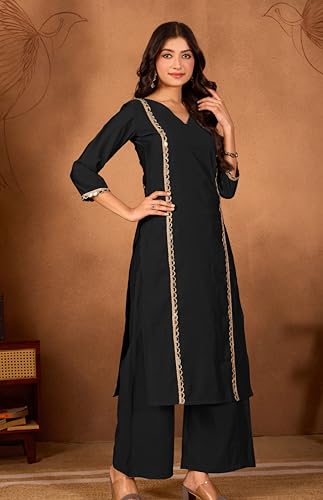 Image of Women Straight-Cut Kurta Pant Set with Subtle Golden Lace Embellishment | Elegant Ethnic Wear for Festive, Office & Casual Use