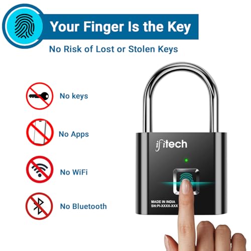 Image of IFITech Smart Fingerprint Padlock, Biometric Keyless Lock with 20 Fingerprint Storage, Rechargeable | Ideal for Personal Spaces and Travel Needs (Small - Black).