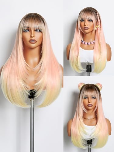 GORGIUS Peach Pink Straight Wig with Bangs Glueless Layered Fringe Bang Wig with Realistic True Scalp Upgraded with Style-Archive Premium Synthetic Fiber