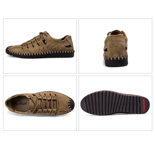 Men'S Leather Hollow Closed Toe Sandals Summer Handmade Anti-Slip Flat Non-Slip Outdoor Adjustable Beach Fisherman Slippers3