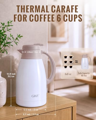 Image of GiNT Thermal Coffee Carafe 51 Oz, Stainless Steel Insulated Beverage Server with Easy-Clean Detachable Lid, Leak-Proof One-Hand Pour Large Dispenser for Hot Drinks and Coffee Pot for Home Office