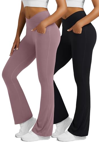 Image of Flare Leggings for Women with Pockets 2pack High Waisted Crossover Flare Leggings Bootcut Yoga Pants