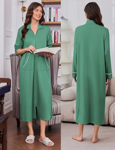 Image of Ekouaer Zipper Robes for Women Long Sleeve Lightweight House Coats with Pockets Zip Up Bathrobe Loungewear S-3XL