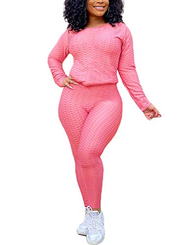 Angsuttc Jogger Sets For Women 2 Piece, Casual Tracksuit Textured Long Sleeves Pullover Top Bodycon Pants Outfits Set Pink S #TOP11