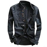Camisa de manga larga con cuello mandarín para hombre, vestido de negocios, mezcla de algodón y lino, color liso, casual, abotonado, para el trabajo, uso diario, disponible en negro y blanco (M azul