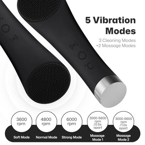 PRITECH Silicone Face Scrubber, Rechargeable Facial Cleansing Brush with Heat Massage End, Vibrating Exfoliator Scrubber for Deep Cleaning, Waterproof Face Brush for Women and Men (Black) - Thumbnail 3