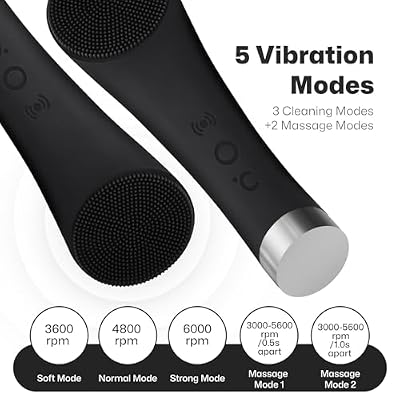 PRITECH Facial Cleansing Brush, Rechargeable Silicone Face Scrubber with Heat Massage End, Vibrating Exfoliator Scrubber for Deep Cleaning, Waterproof Face Brush for Women and Men (Black)