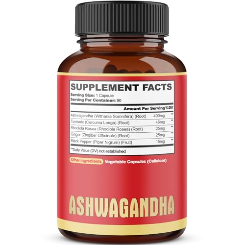 5in1 Ashwagandha Capsules - Equivalent to 5200mg Powder - Combined With Turmeric, Ginger, Black Pepper And Rhodiola - Mood And Strength Support Supplement - 1 Pack 90 Capsules 3-Month Supply