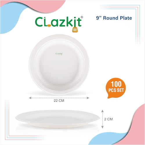 Image of Clazkit 9 Inch Round (100 Pc) Bagasse, Bamboo Plates Like Party Pack Biodegradable Eco Friendly Alternative to Plate Paper Plate