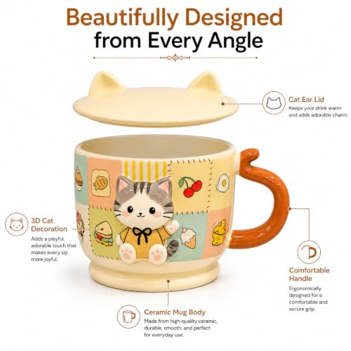 Image of Vasukie Cute Cat Ceramic Coffee Mug with Cat Ears Lid & Tail Handle | 3D Patchwork Tea Cup for Milk, Soup, & Hot Cocoa | Kawaii Brown Drinkware Gift for Cat Lovers (Character May Vary)