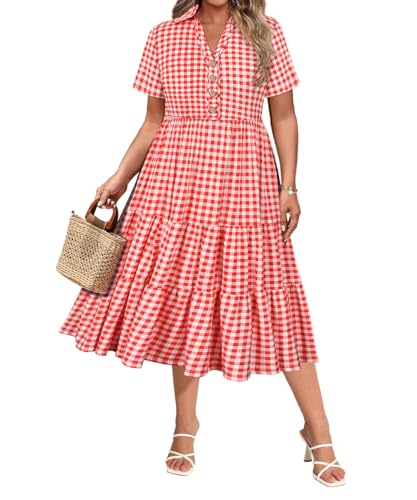 Image of CARCOS Plus Size Dresses for Curvy Women Collared Vneck Short Sleeve Dresses Midi Summer Ruffle Dress with Pocket XL-5XL