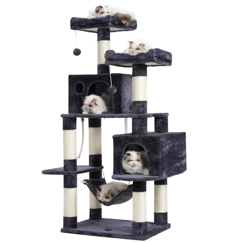 Image of Hey-brother Large Multi-Level Cat Tree Condo Furniture with Sisal-Covered Scratching Posts, 2 Bigger Plush Condos, Perch Hammock for Kittens, Cats and Pets Smoky Gray MPJ020G