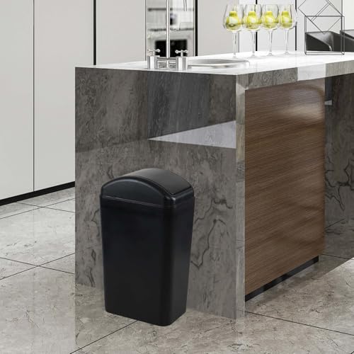 Image of 3.5 Gallon Plastic Trash Can with Swing Lid, Slim Bathroom Swing Top Garbage Bin Wastebasket, Black