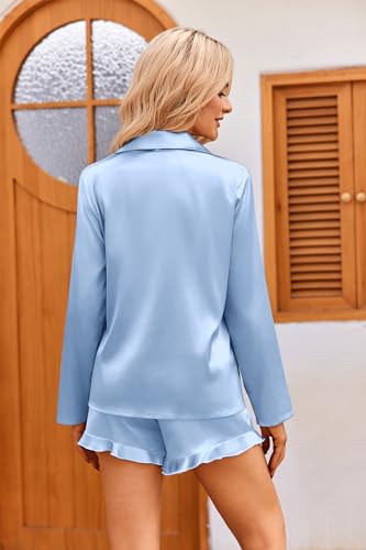 Image of Ekouaer Womens Satin Pajama Sets Long Sleeve Top and Shorts Lounge Set Button Down Sleepwear