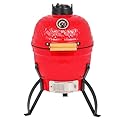 Doredo 13" Kamado Grill with Built-in Thermometer, Egg Grill with Cast Iron Grates, Bamboo handle, Portable Ceramic Grill with Low Stand for Backyard, Patio, Deck grilling, Red