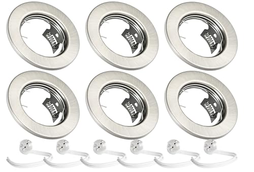 JungesLicht 6er Set Einbaustrahler gebürstet mit GU5.3 MR16 Keramikfassung, Außendurchmesser 80mm, Bohrdurchmesser 55mm bis 68mm passend, Deckenstrahler, Einbauleuchte, Deckenspots, ohne Leuchtmittel