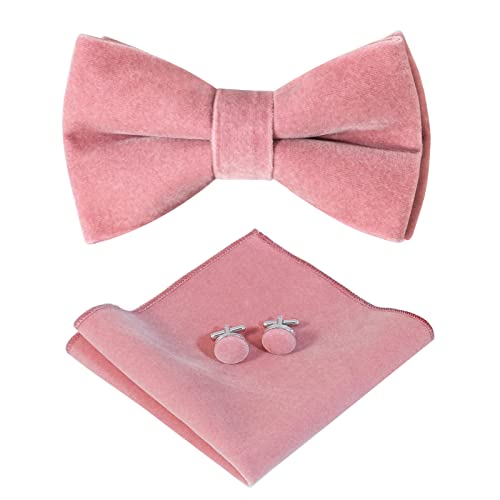 PACGOTH Bow Ties for Men Pre-Tie Bow Ties Vintage Tuxedo Velvet BowTies Cufflinks Pocket Square Sets With Gift Box (Smoked Pink)