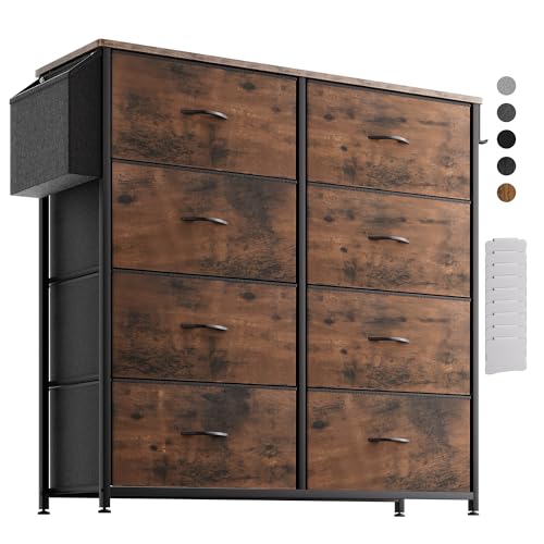 PURFINO Cajonera de Tela - Cómoda Organizador de Lona con 8 Cajones Grandes, Tarjetas de Etiqueta, Bolsillo Lateral y Gancho, para Sala de Estar, Pasillo, Dormitorio