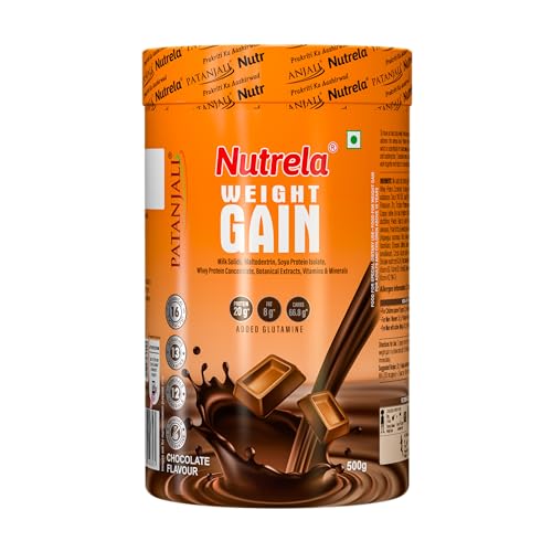 Image of Nutrela Weight Gainer Powder - 500 gram, Chocolate Flavour with Free Shaker Bottle | 20g Protein, 66.8 Carbs, 13 Vitamins & 12 Minerals with Khandsari Sugar | Ideal for Athlete, Men, Women & Kids above 10 Year