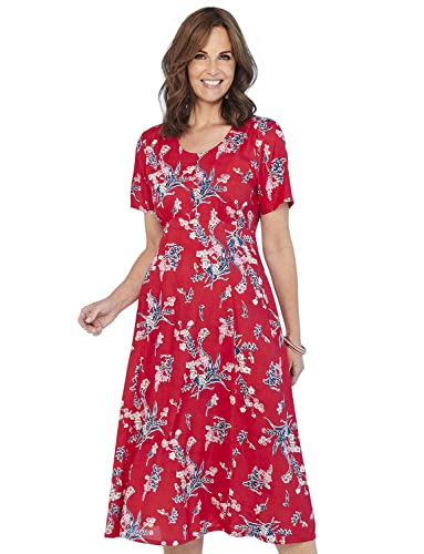 Image of Chums Ladies Viscose Print Tea Dress – Fit & Flare Floral Midi with Shirred Back, Button Trim & ¾ Sleeves Watermelon 22 Long