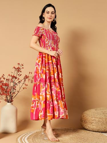 Kzully Women's Crepe Smocked Midi Dress (7001-Orange-Pink-Xxl-Print_Orange