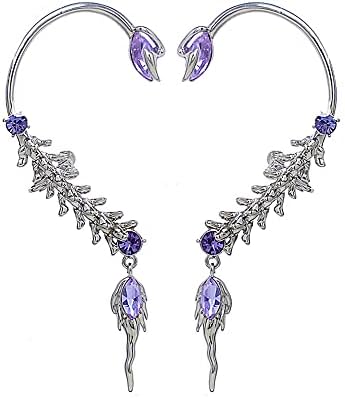 Ear Cuff Earrings for Women Non-piercing Wheat Amethyst Liquid Metal Dangling Aesthetic Punk Kpop Goth Leaves Ear Clip on Cuff Wrap Crawler Earrings for Egirl Non Pierced Jewelry (Silver)