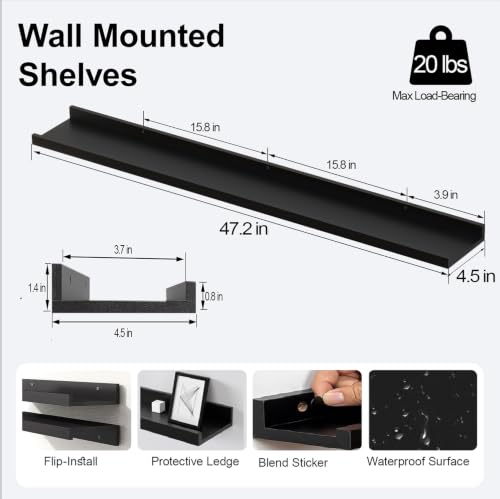 Image of Black Floating Shelves for Wall Decor, 48 in Shelf with Lip Set of 2