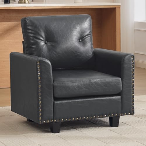 Image of 34.3 inch Faux Leather Modular Sectional Single Couch, Vintage PU Leather Accent Sofa Chairs with Nailhead Trim for Sofas, Mid Century Modern Tufted Chair for Living Room, Bedroom, Office, Black