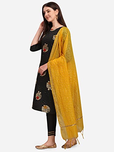 Image of VredeVogel Cotton Silk Blend Straight Embroidery Kurta Pant and Dupatta Set for Women