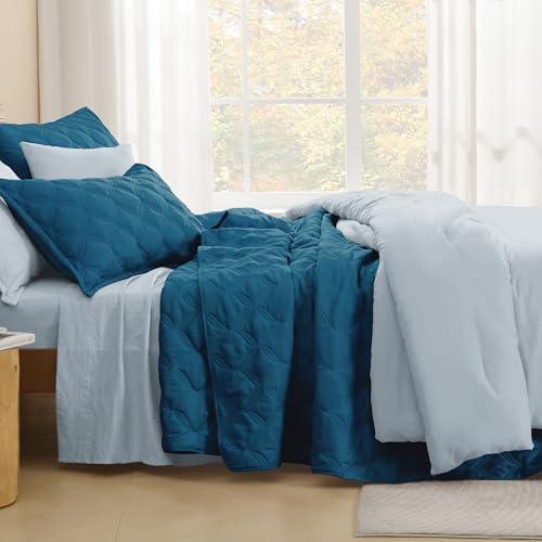 Image of Litanika Oversized King Quilt Bedding Set,120x120Inch Super King Teal Blue Comforter Bedspreads Lightweight Bed Coverlets Boho Bedding Cover Decor All Season, 3 Pieces (1 Quilt, 2 Pillowcases)