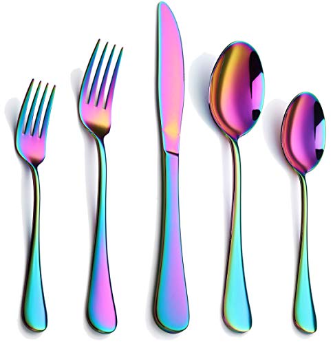 Colorful Silverware Set, 20-Piece Stainless Steel Rainbow Flatware Set, Iridescent Cutlery Utensils Set Service for 4, Mirror Polished, Dishwasher Safe(Muticolorful) Colorful Silverware Set, 20-Piece Stainless Steel Rainbow Flatware Set, Iridescent Cutlery Utensils Set Service for 4, Mirror Polished, Dishwasher Safe(Muticolorful)