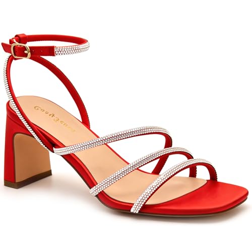 Image of CosyFever Women's Rhinestone Block Heels, Square Toe Strappy Dress Heels with Ankle Strap, Sparkly Heels for Wedding Guest, Prom, Party