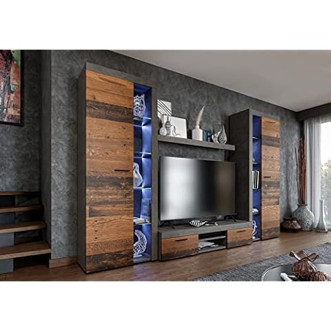Furnix NEU Wohnwand Riva XL Mediawand Betonoptik Wohnzimmer 4-TLG Komplett-Set Cover